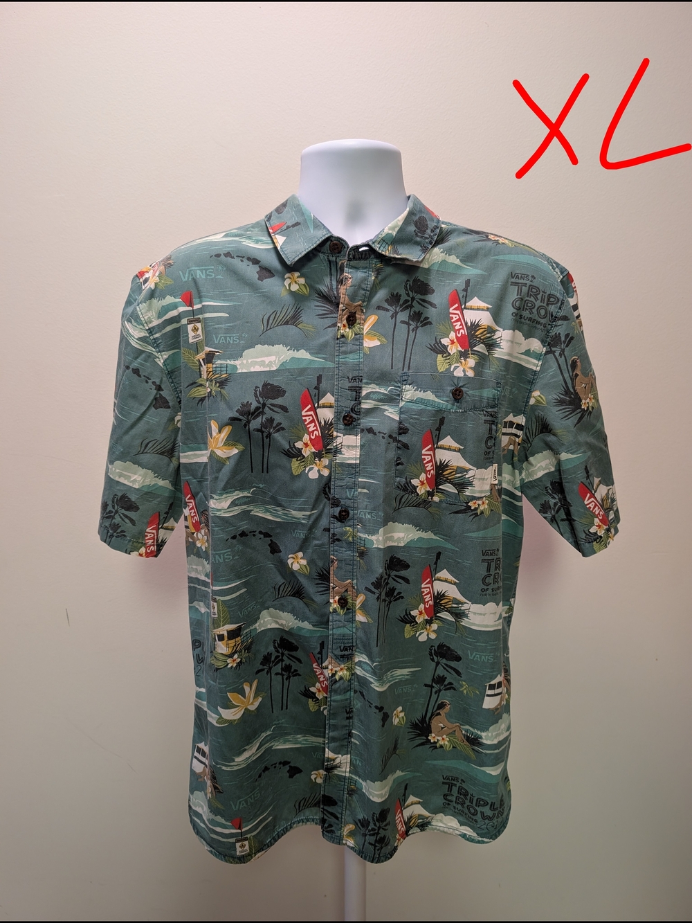 Vans Men’s Green Tropical Print Short Sleeve Shirt Vintage